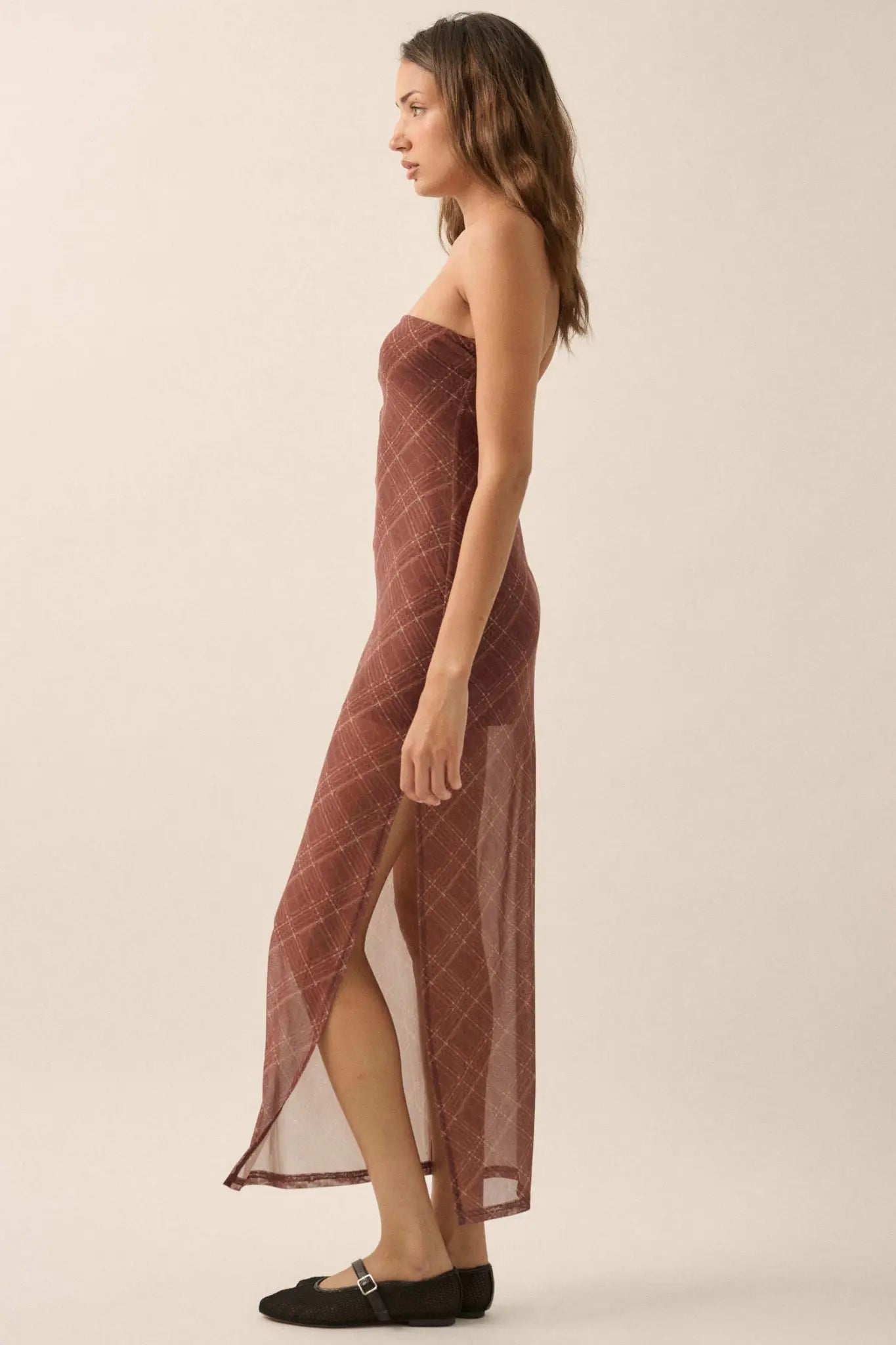 Plaid Vibes Strapless Plaid Mesh Maxi Dress