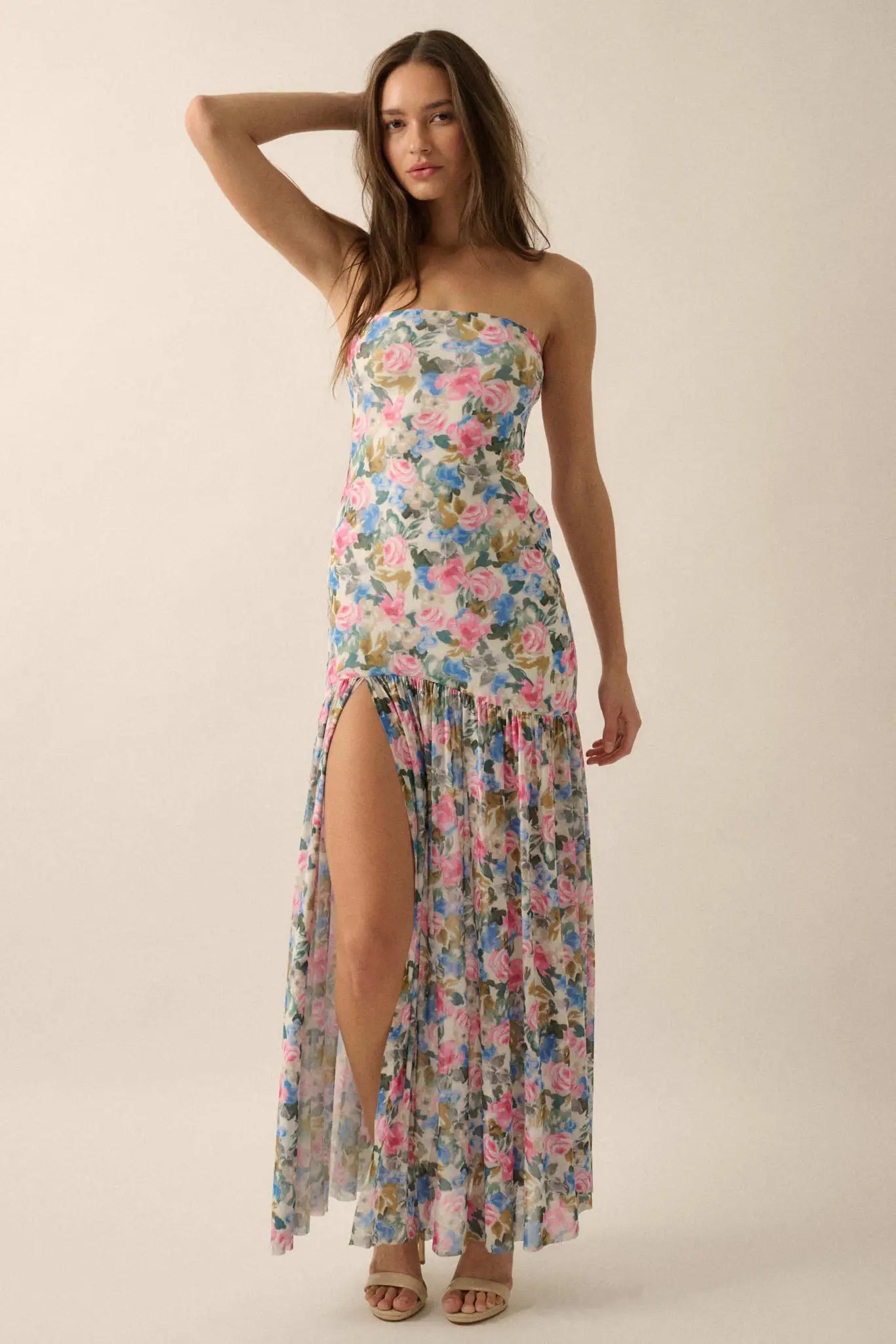 Fresh Petals Strapless Floral Mesh Maxi Dress