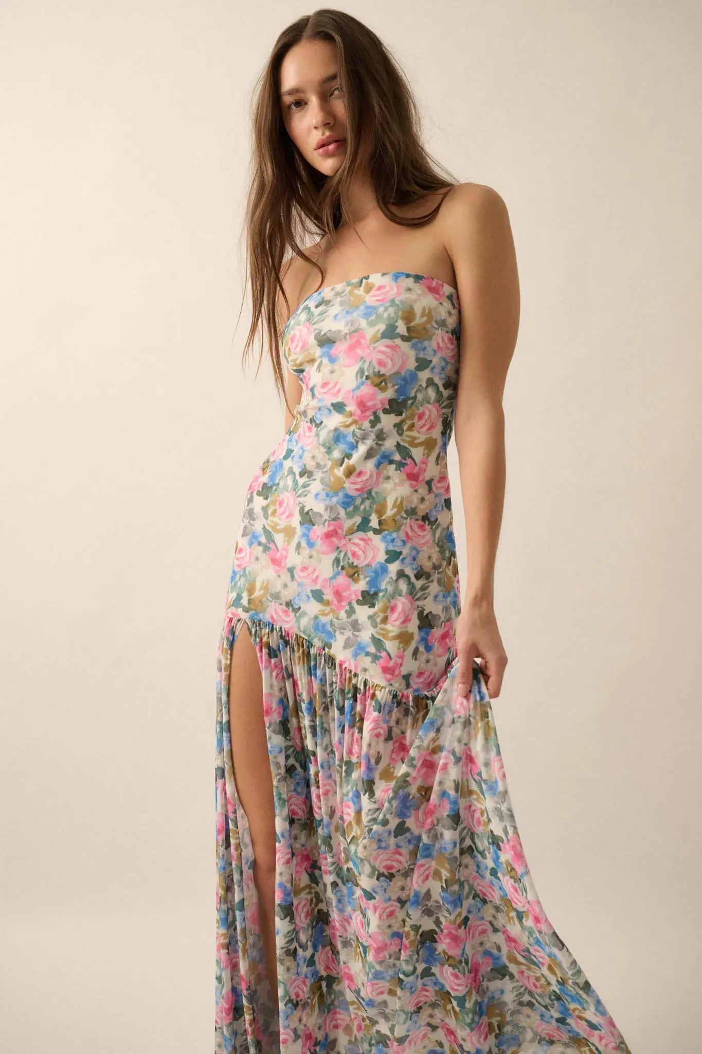 Fresh Petals Strapless Floral Mesh Maxi Dress