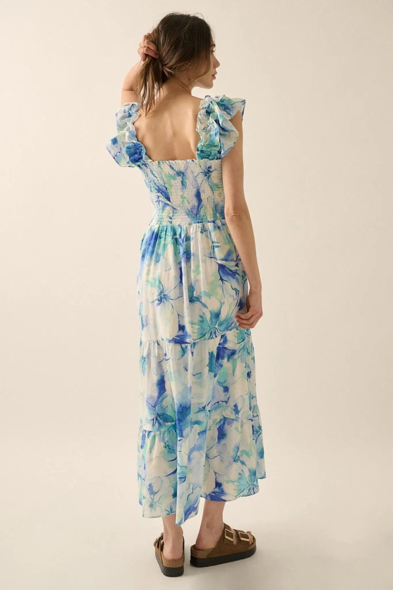 Cyan Blossoms Floral Smocked Ruffle Midi Dress