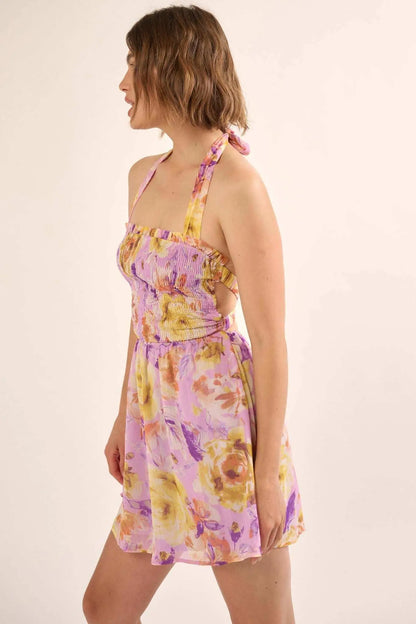 Orchid Skies Floral Chiffon Halter Mini Sundress