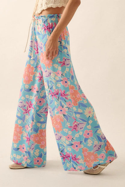 Let It Grow Floral Crepe Wide-Leg Drawstring Pants