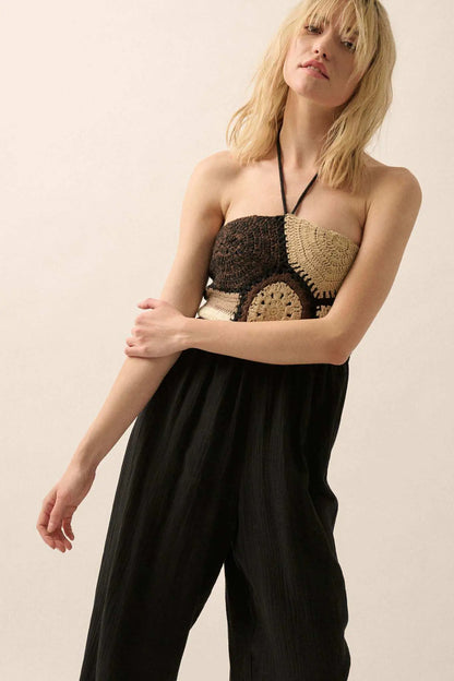 Mother Earth Crochet-Bodice Halter Jumpsuit