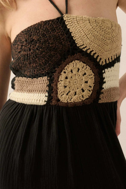 Mother Earth Crochet-Bodice Halter Jumpsuit
