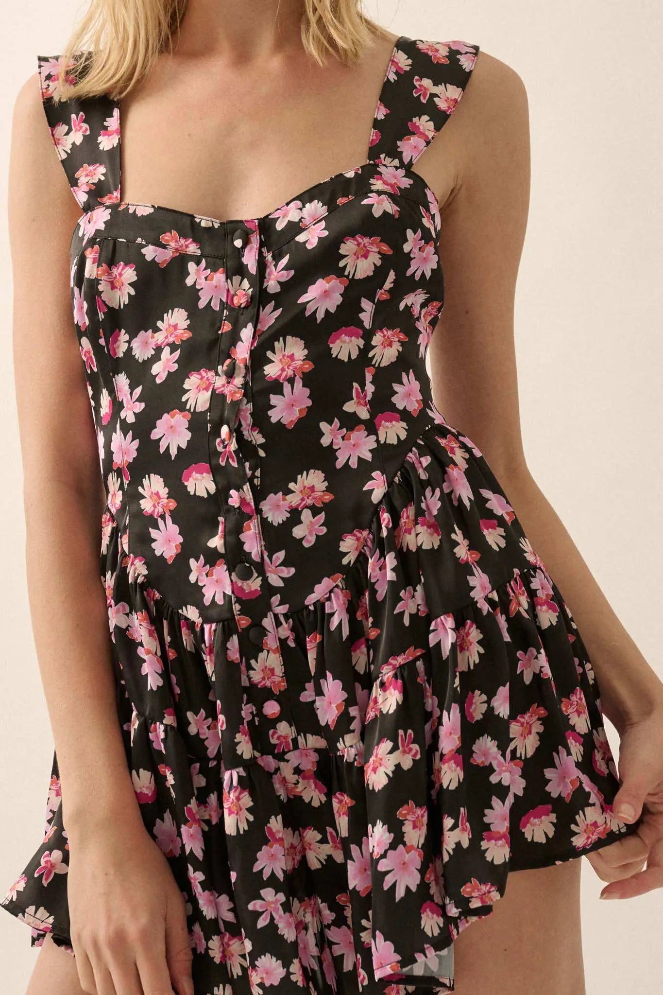 Flirty Flowers Floral Satin Fit-and-Flare Romper