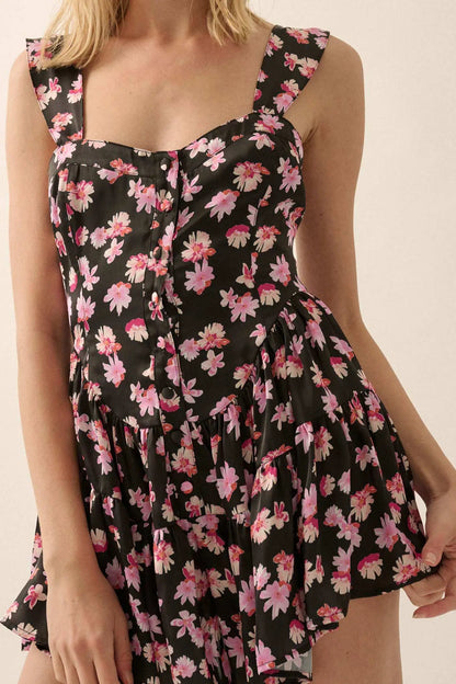Flirty Flowers Floral Satin Fit-and-Flare Romper