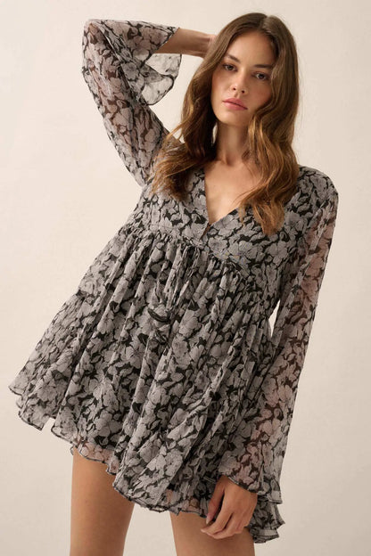 Babydoll Bouquet Floral Chiffon Bell-Sleeve Romper