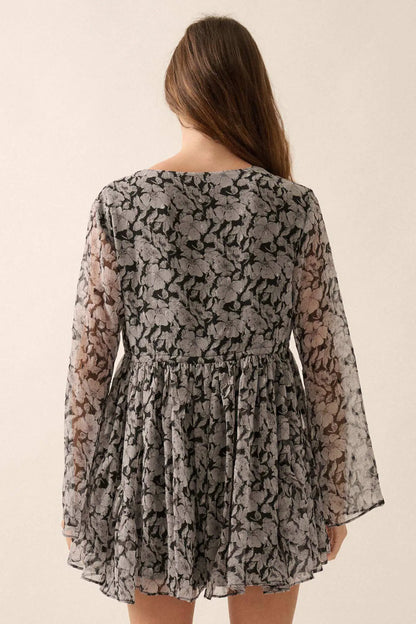 Babydoll Bouquet Floral Chiffon Bell-Sleeve Romper