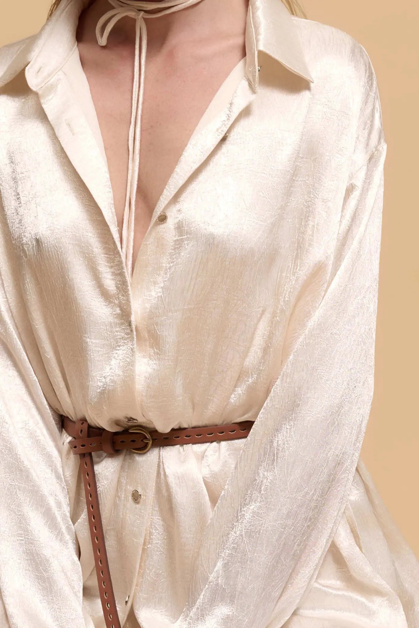 Luxe Aesthetic Textured Satin Belted Shirt Romper