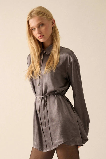 Luxe Aesthetic Textured Satin Belted Shirt Romper
