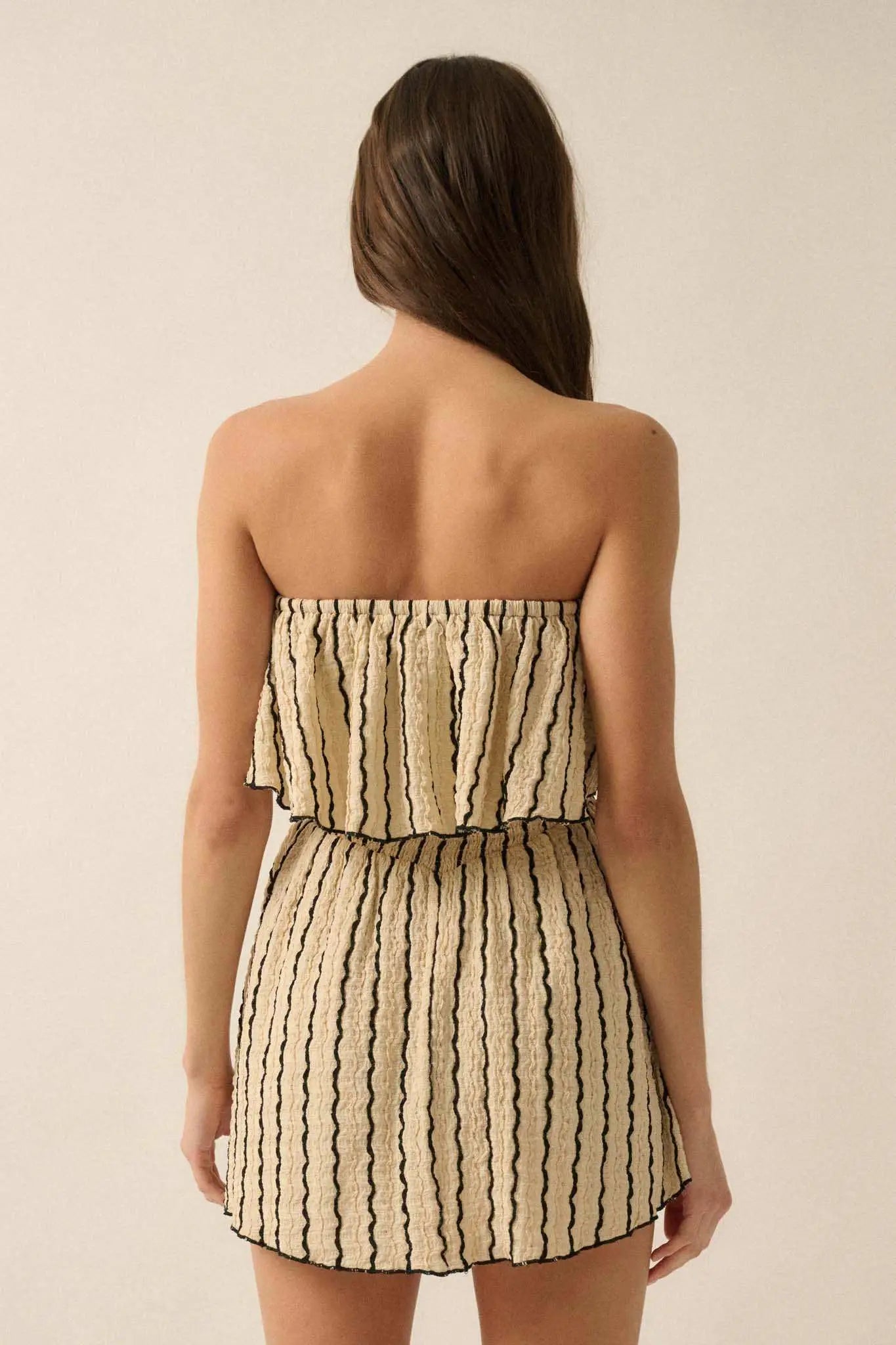 Rolling Wave Striped Knit Strapless Flounce Romper