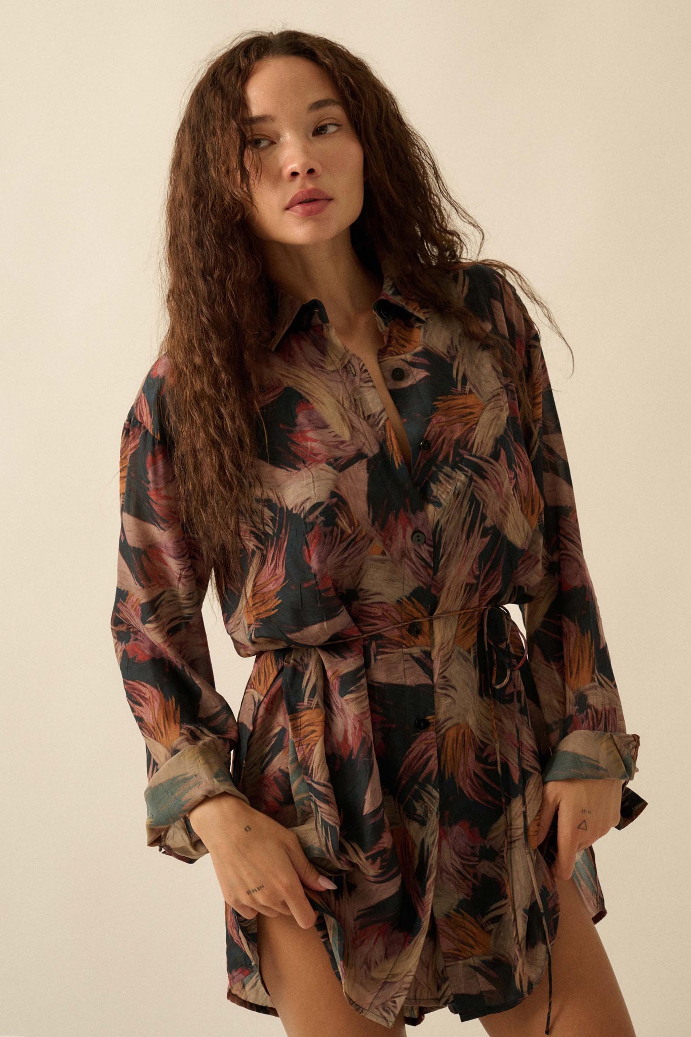 Dare to Imagine Abstract-Print Belted Shirt Romper