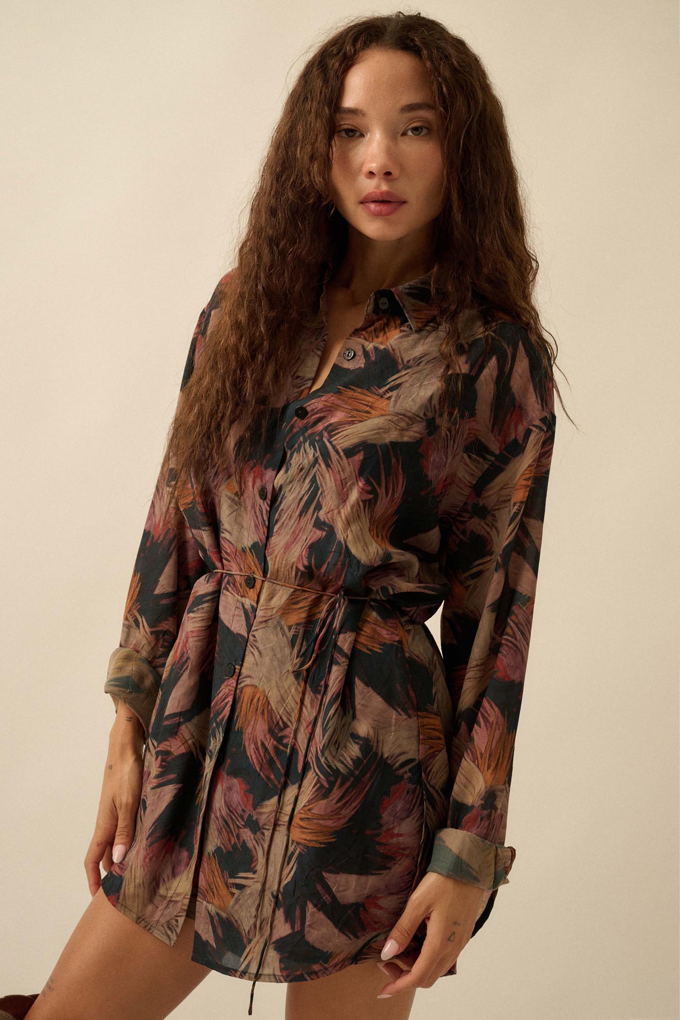 Dare to Imagine Abstract-Print Belted Shirt Romper