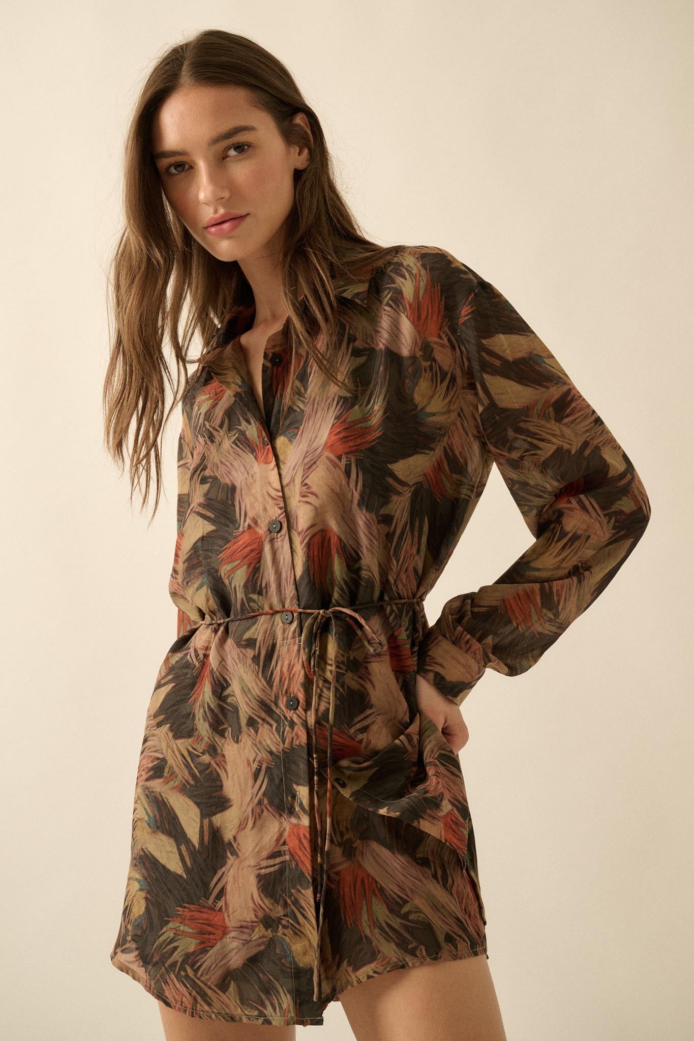 Dare to Imagine Abstract-Print Belted Shirt Romper