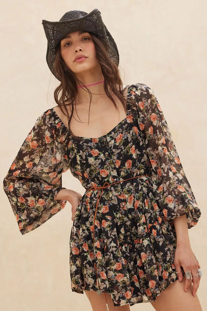 Graceful Garden Floral Chiffon Tiered Romper Dress