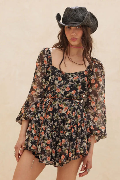 Graceful Garden Floral Chiffon Tiered Romper Dress