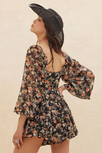Graceful Garden Floral Chiffon Tiered Romper Dress
