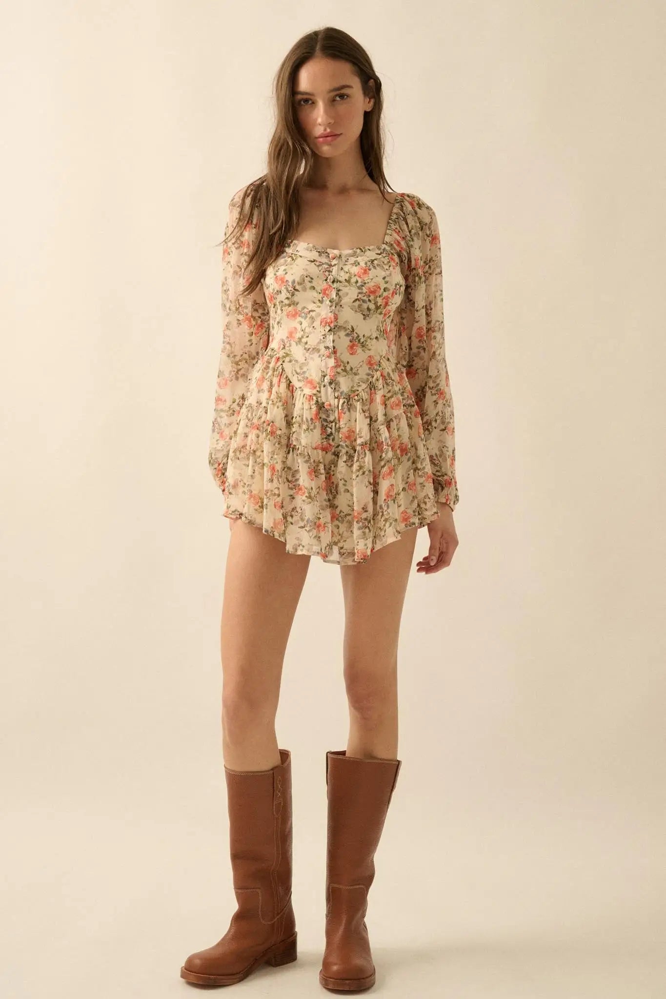 Graceful Garden Floral Chiffon Tiered Romper Dress