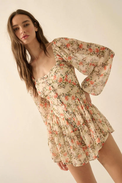 Graceful Garden Floral Chiffon Tiered Romper Dress