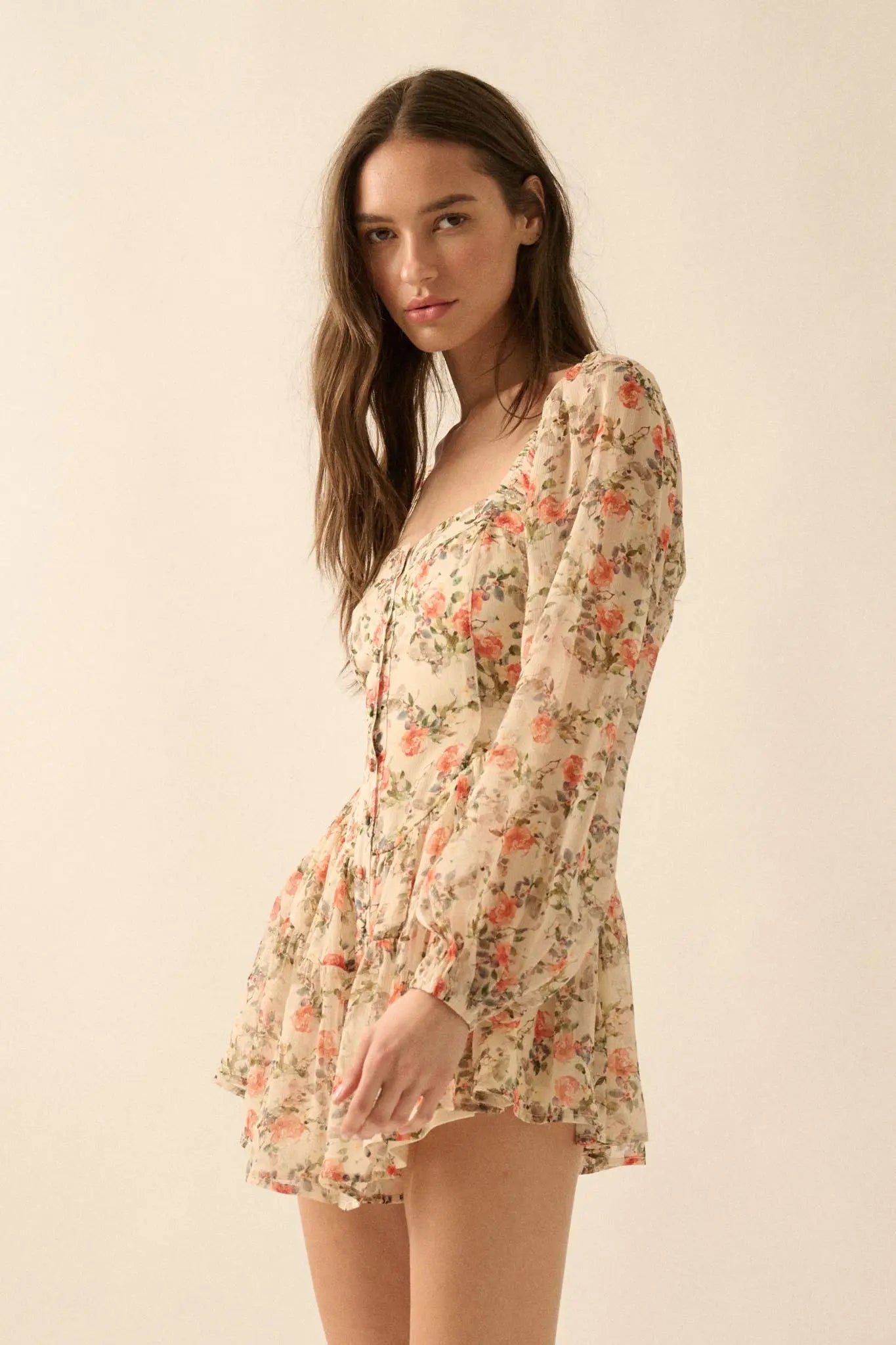 Graceful Garden Floral Chiffon Tiered Romper Dress
