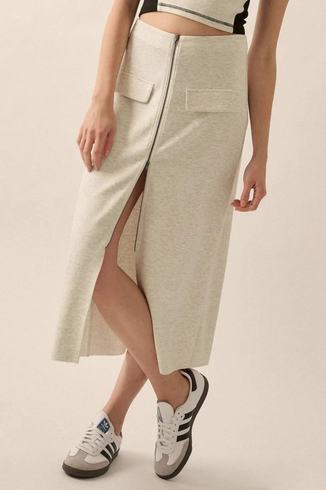 Premium Scuba Zip-Front Midi Skirt
