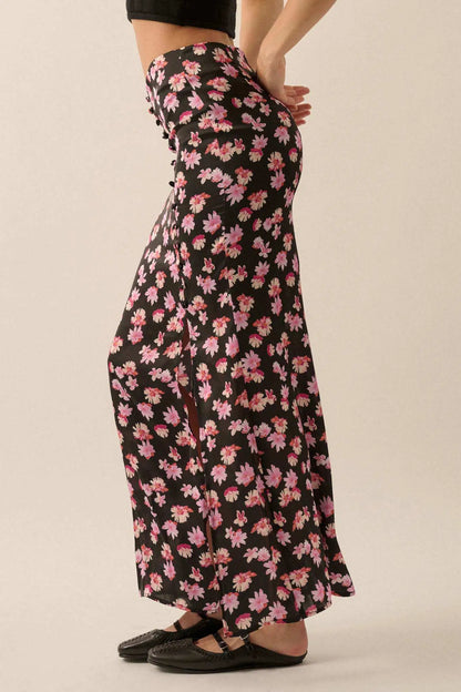 Sassy Blossoms Floral Satin Buttoned Maxi Skirt