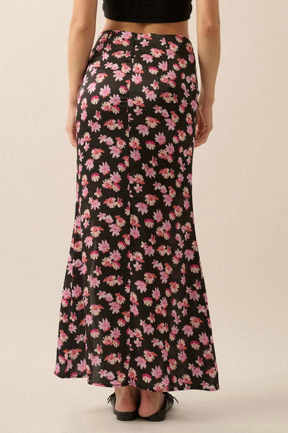 Sassy Blossoms Floral Satin Buttoned Maxi Skirt