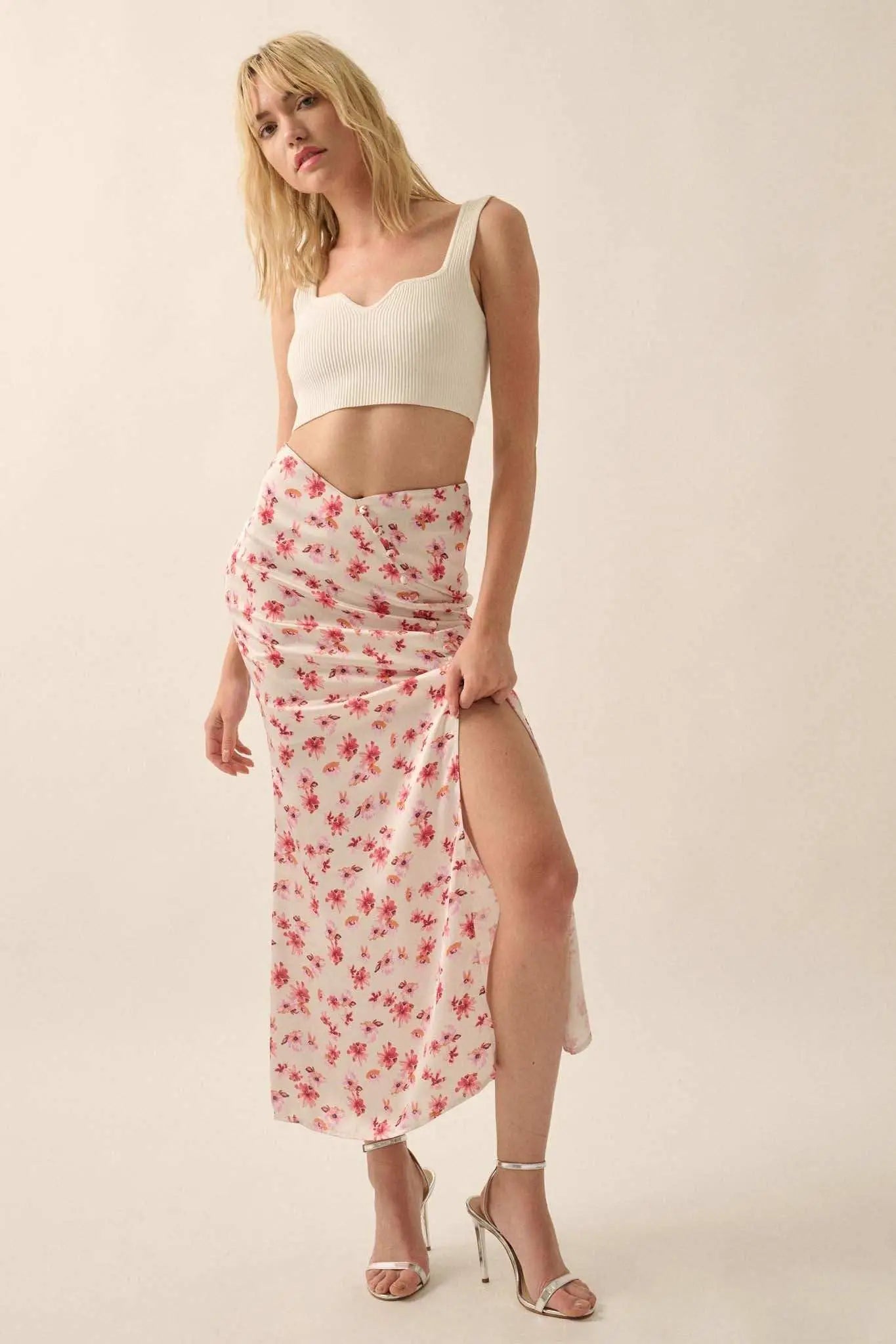 Sassy Blossoms Floral Satin Buttoned Maxi Skirt