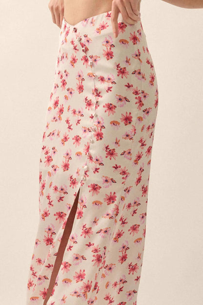 Sassy Blossoms Floral Satin Buttoned Maxi Skirt