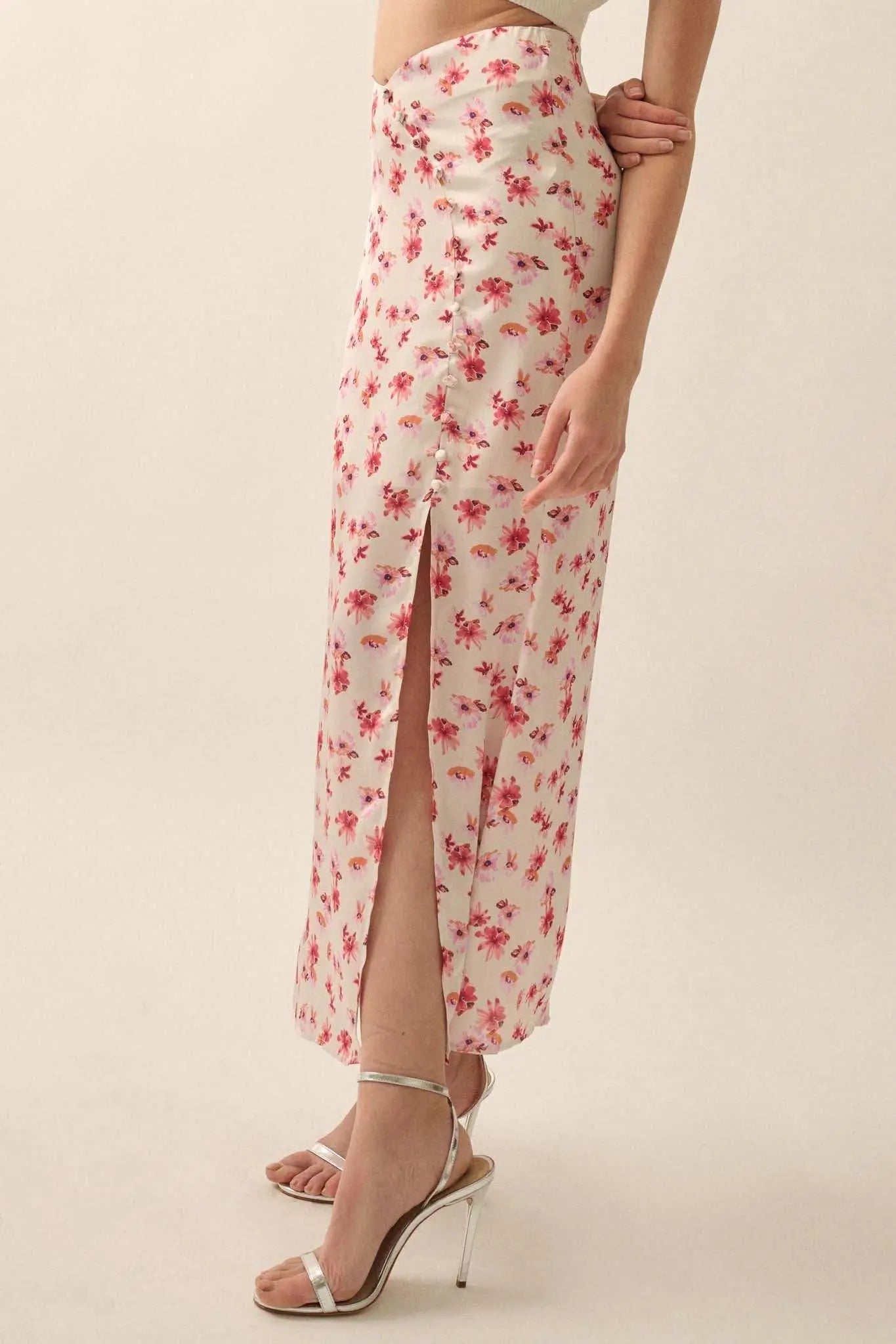 Sassy Blossoms Floral Satin Buttoned Maxi Skirt