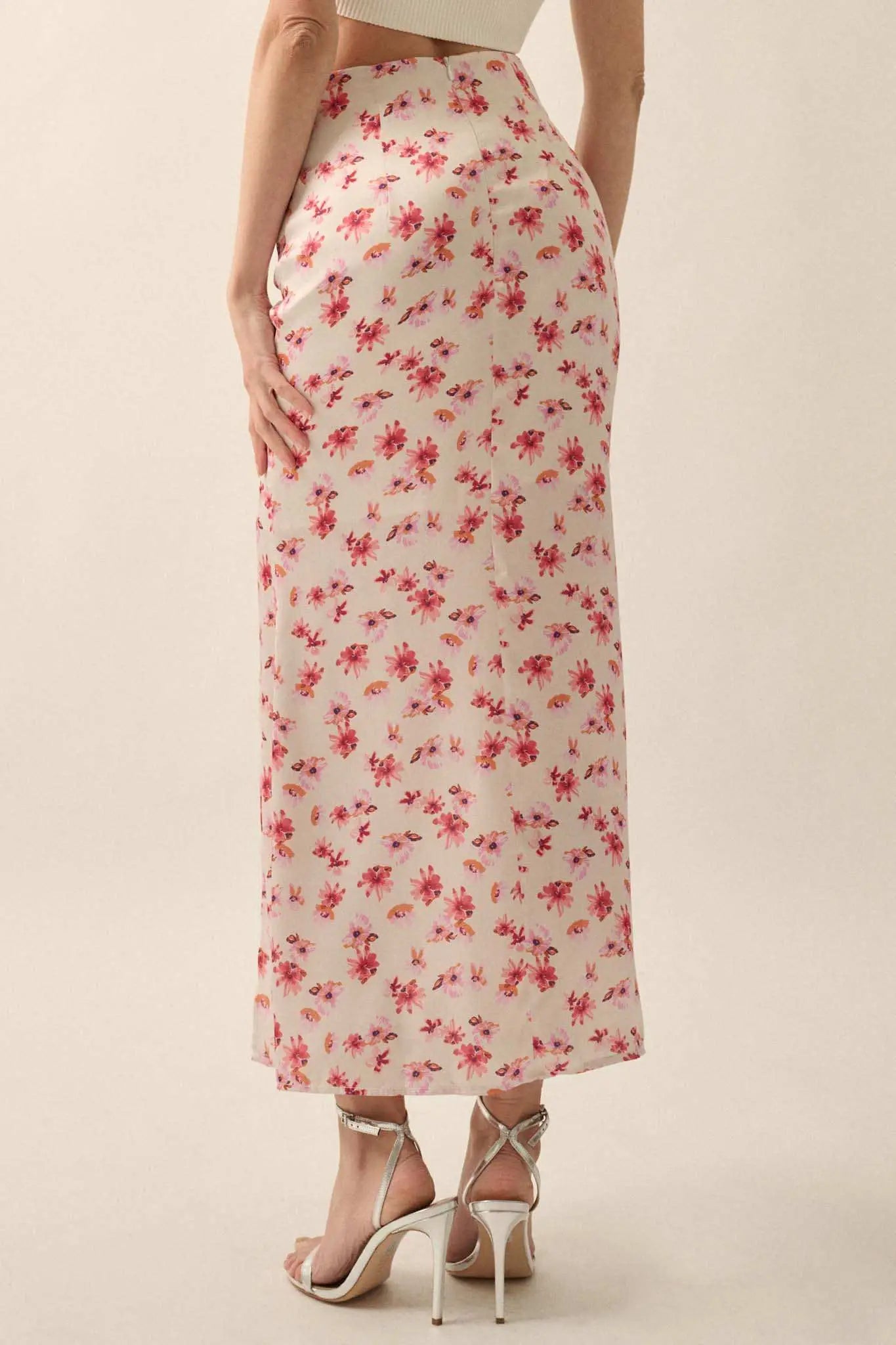 Sassy Blossoms Floral Satin Buttoned Maxi Skirt