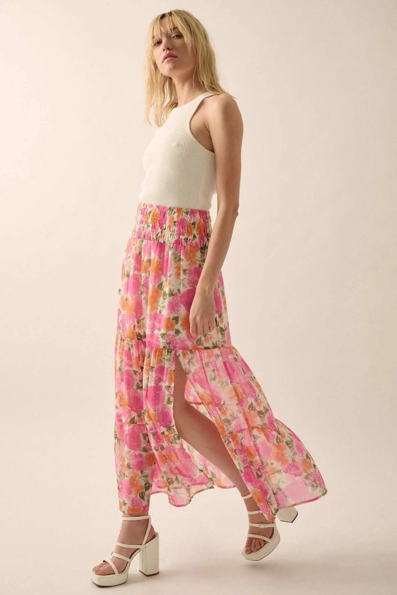Brilliant Bouquet Tiered Floral Chiffon Maxi Skirt