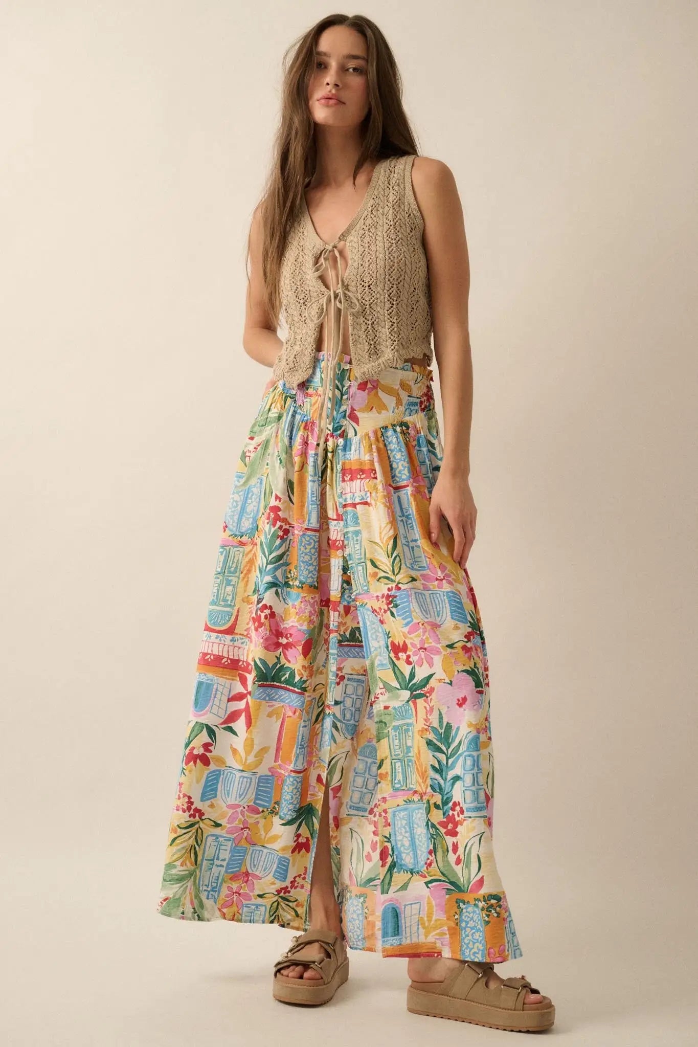 Havana Holiday Tropical Floral Buttoned Maxi Skirt