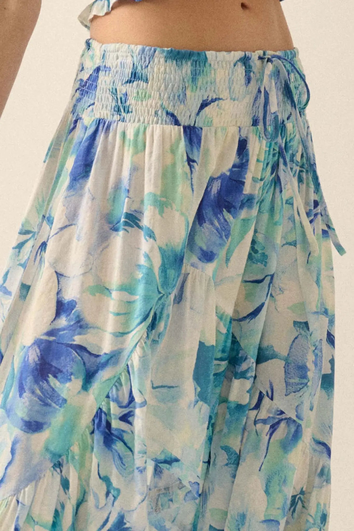 Azure Petals Floral High-Low Ruffle Maxi Skirt