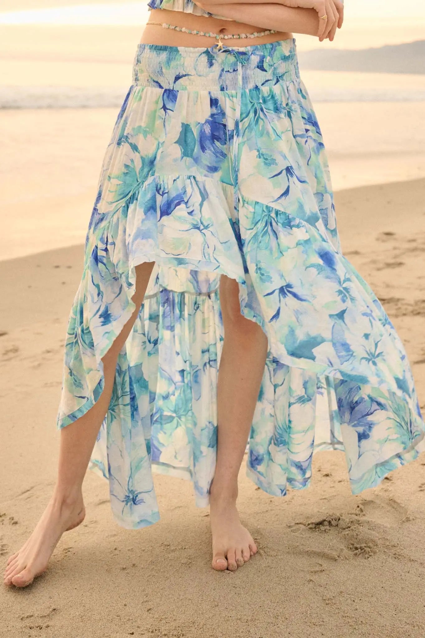 Azure Petals Floral High-Low Ruffle Maxi Skirt