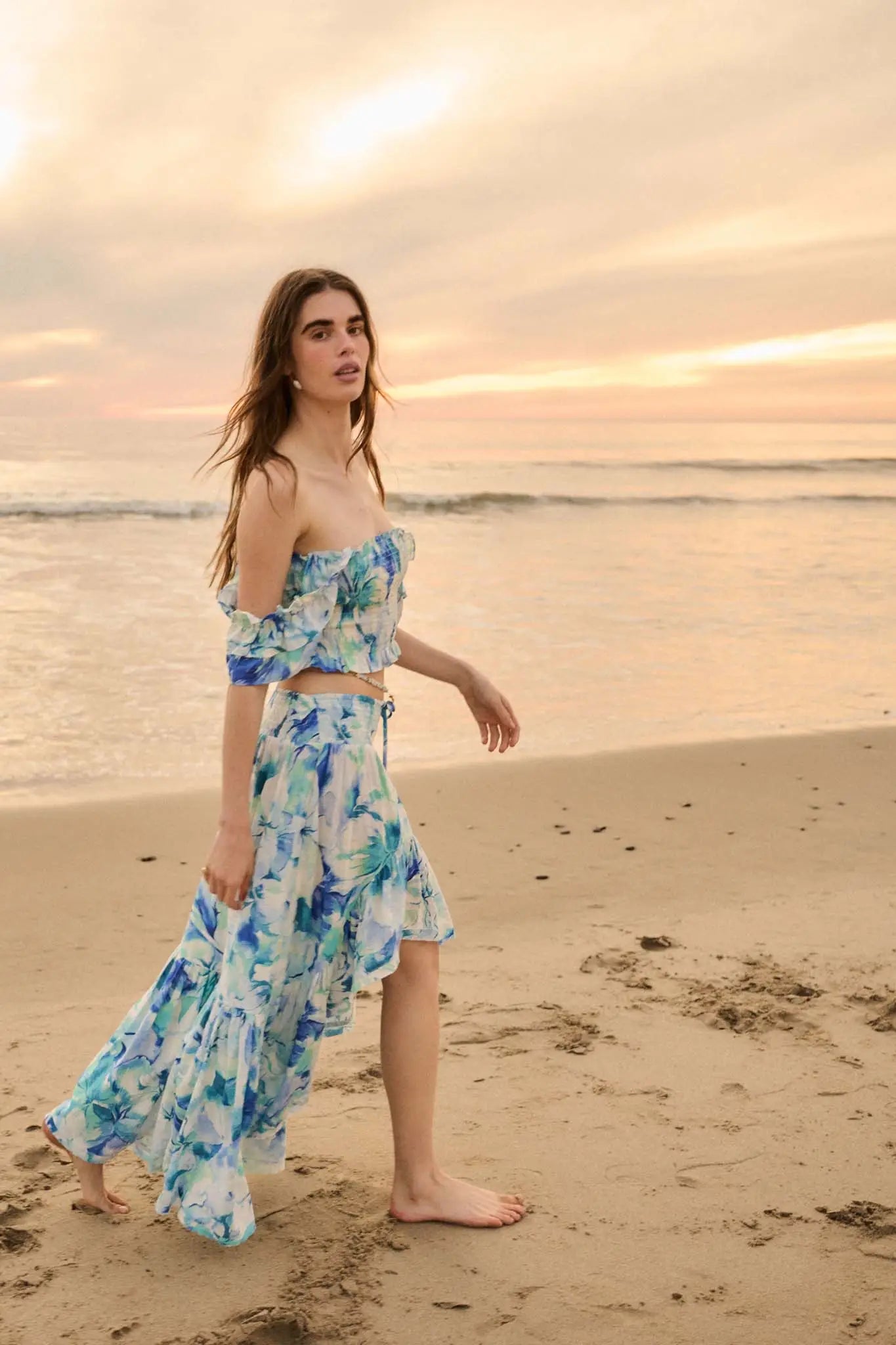 Azure Petals Floral High-Low Ruffle Maxi Skirt