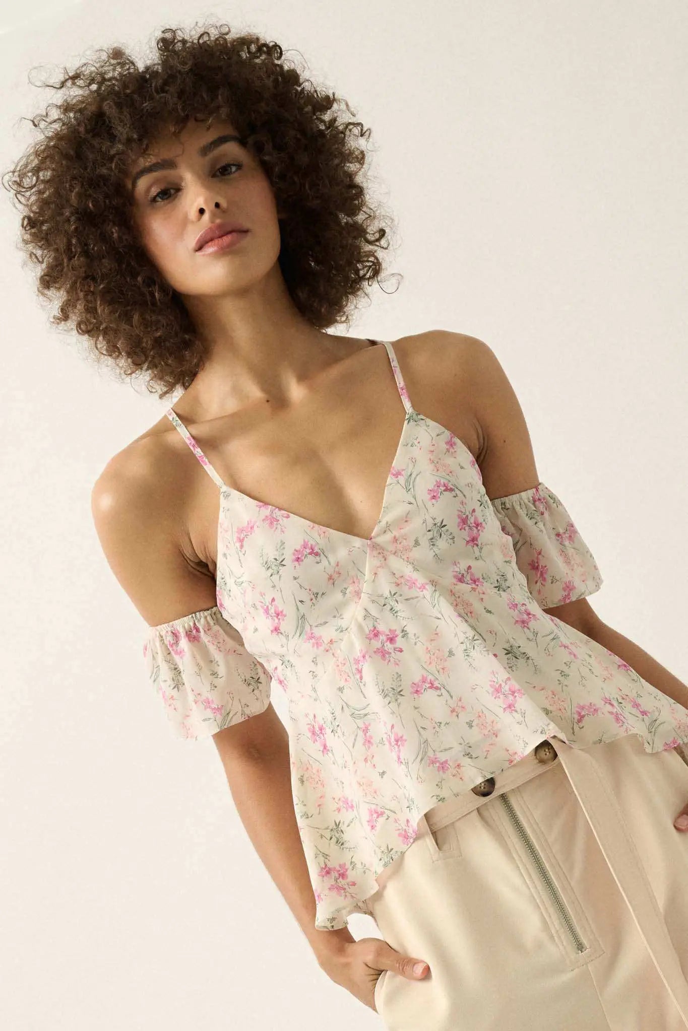 Lily Lover Floral Chiffon Cold Shoulder Cami Top