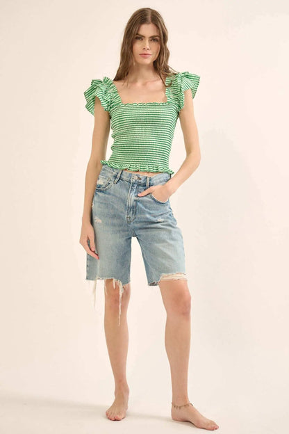 Candy Land Smocked Gingham Ruffled Peasant Top