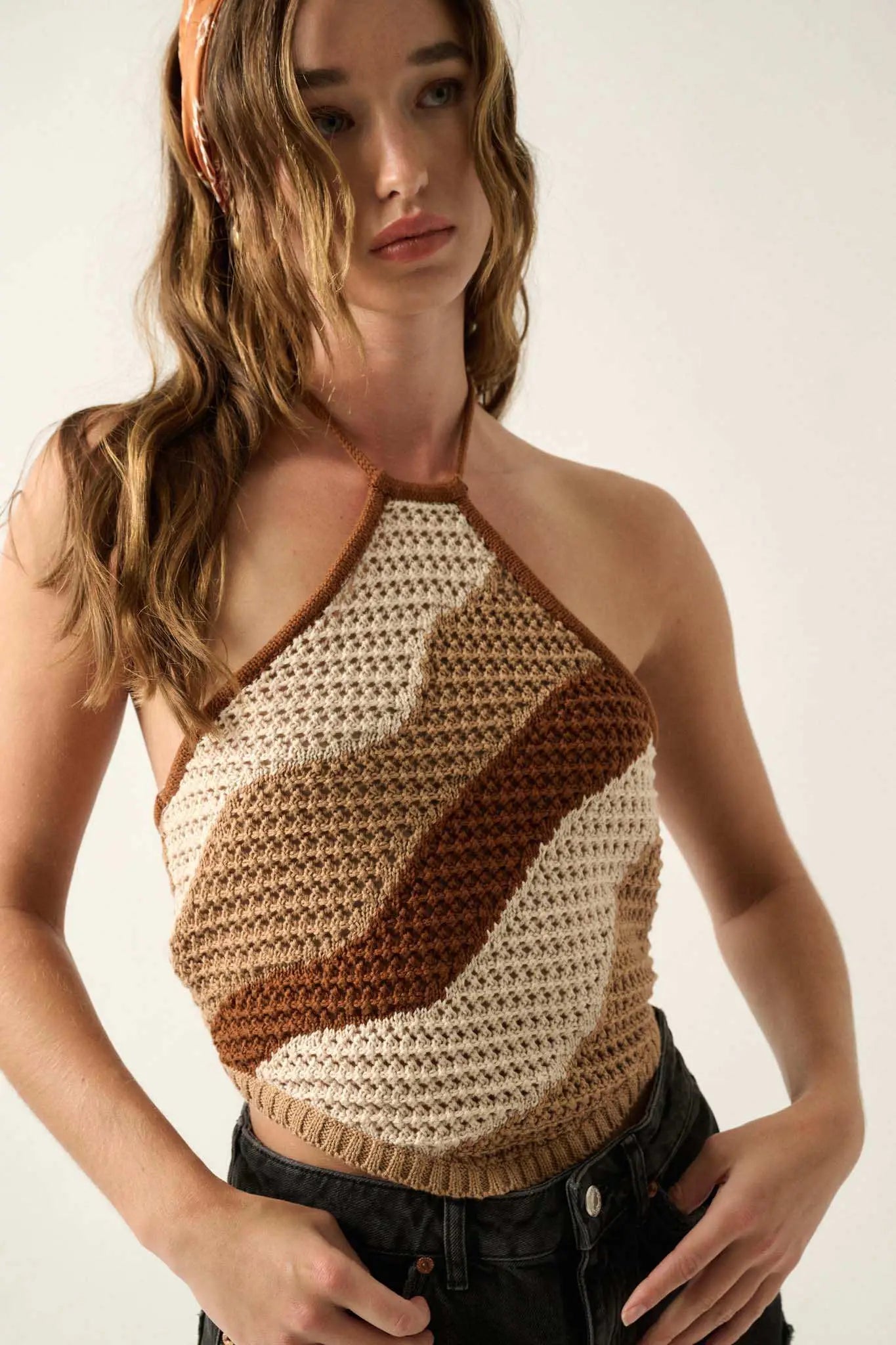 Heat Wave Colorblock Crochet Knit Halter Top