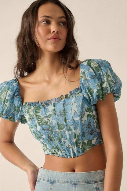 Fiji Feeling Floral Chiffon Puff-Sleeve Corset Top