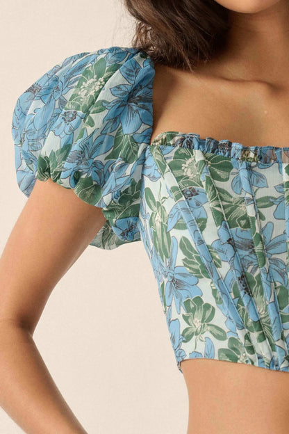 Fiji Feeling Floral Chiffon Puff-Sleeve Corset Top