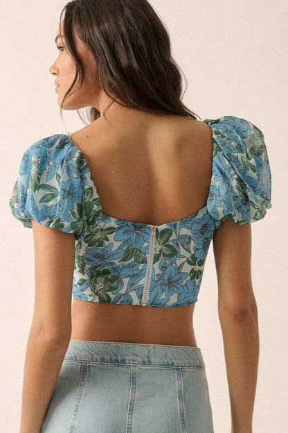 Fiji Feeling Floral Chiffon Puff-Sleeve Corset Top