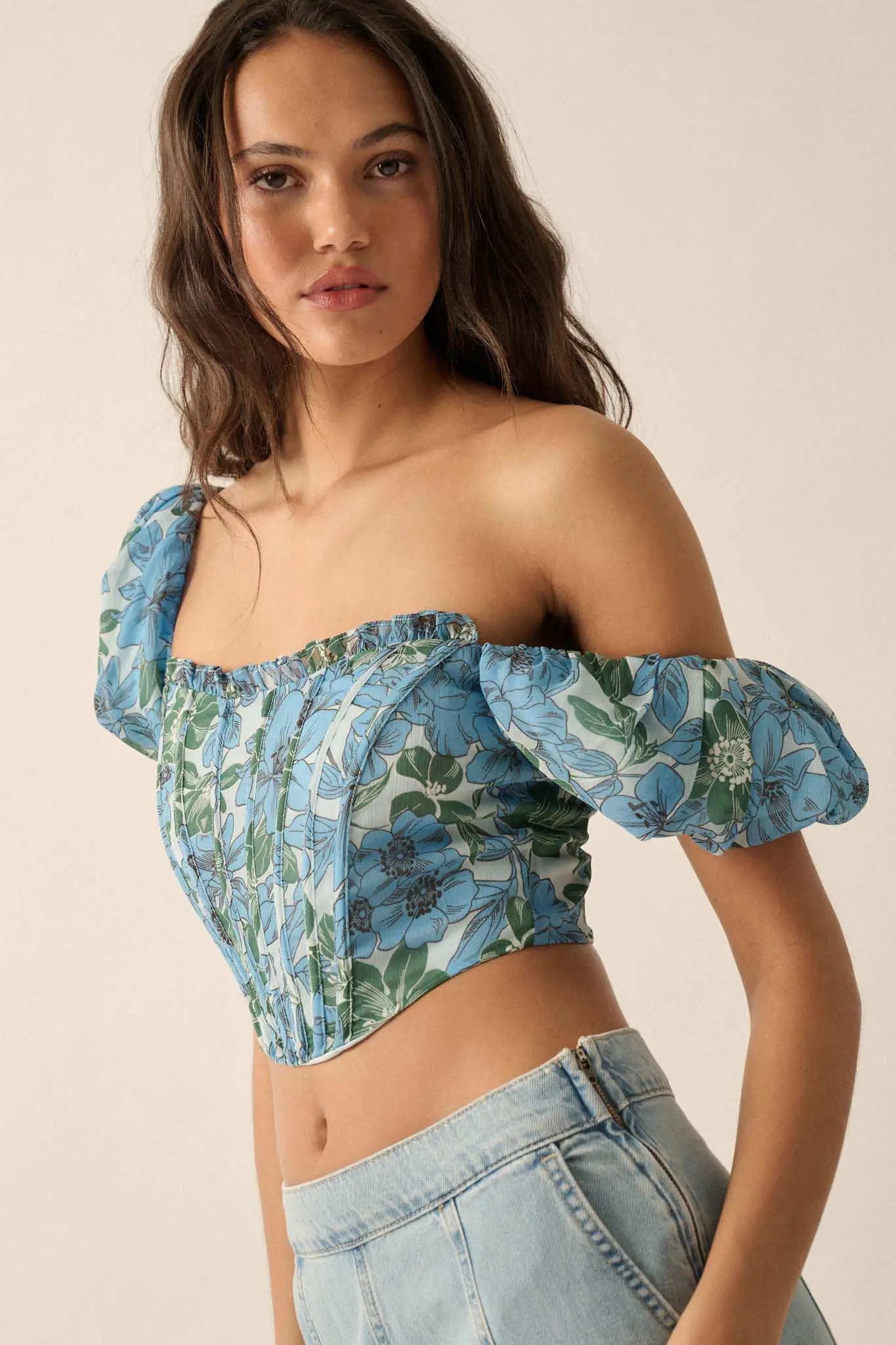 Fiji Feeling Floral Chiffon Puff-Sleeve Corset Top