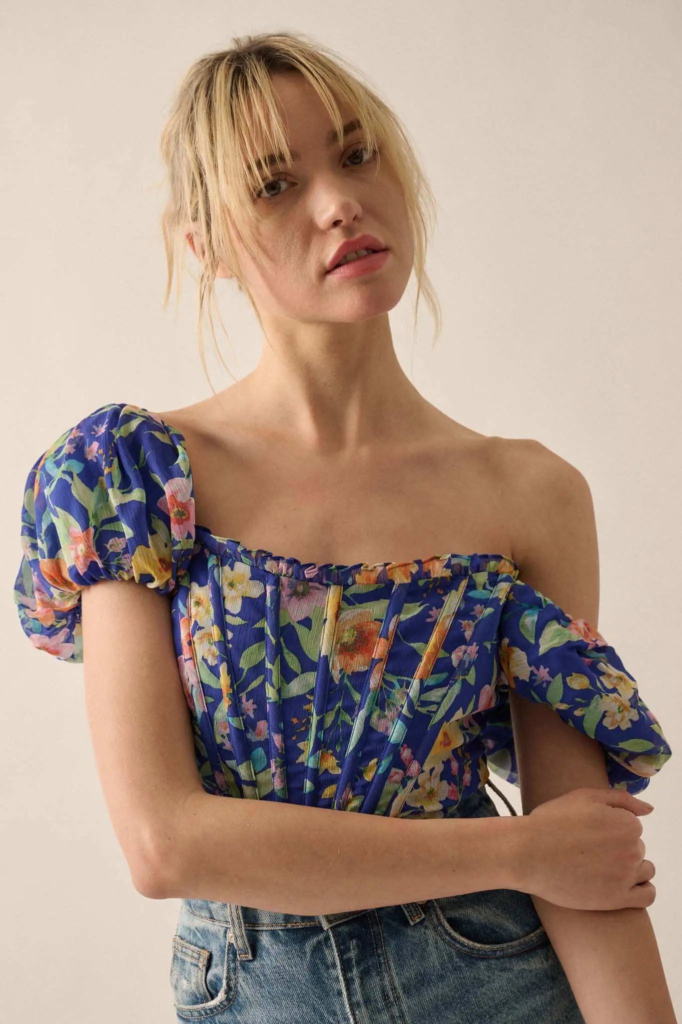 Bermuda Babe Floral Chiffon Puff-Sleeve Corset Top