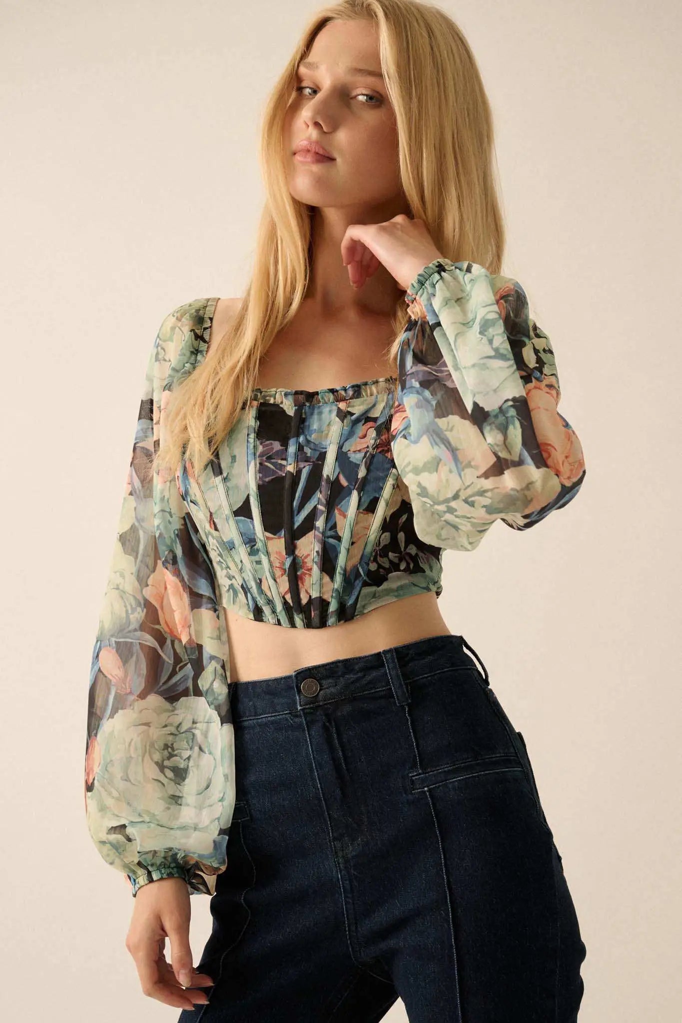 Belle Blossoms Floral Chiffon Cropped Corset Top