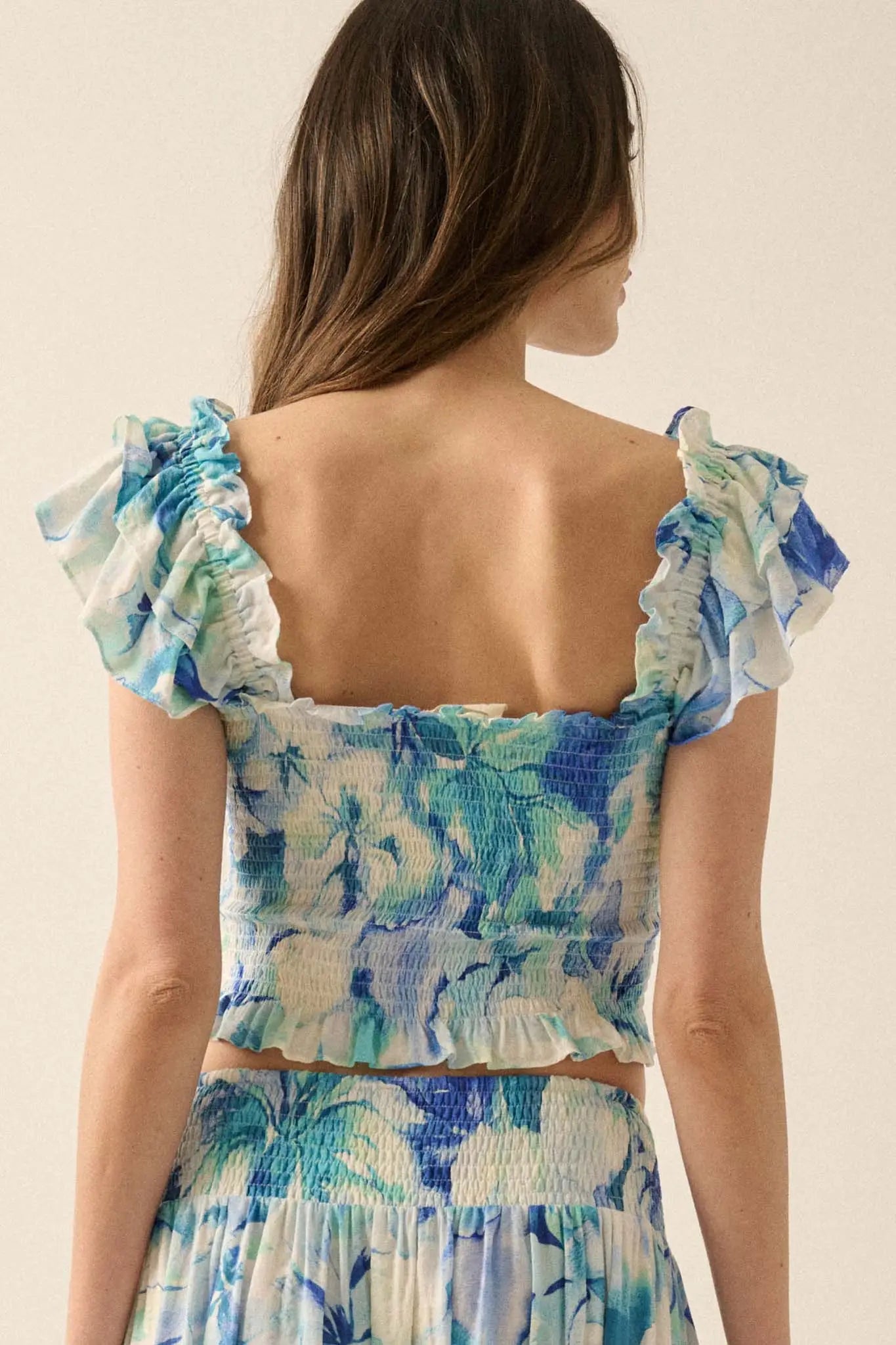 Sapphire Garden Floral Smocked Ruffle Crop Top
