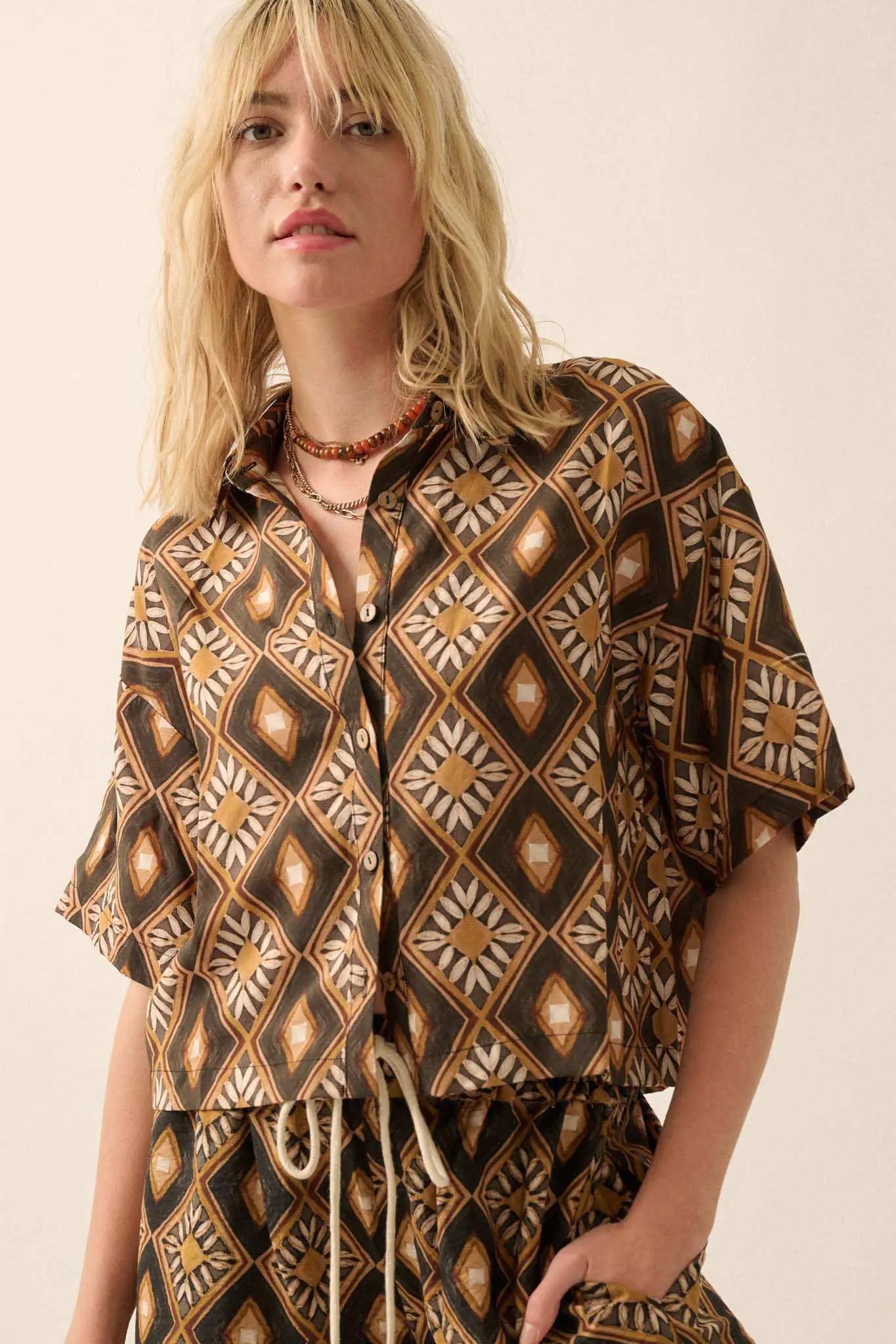 Mahogany Blooms Geometric Floral Camp Shirt