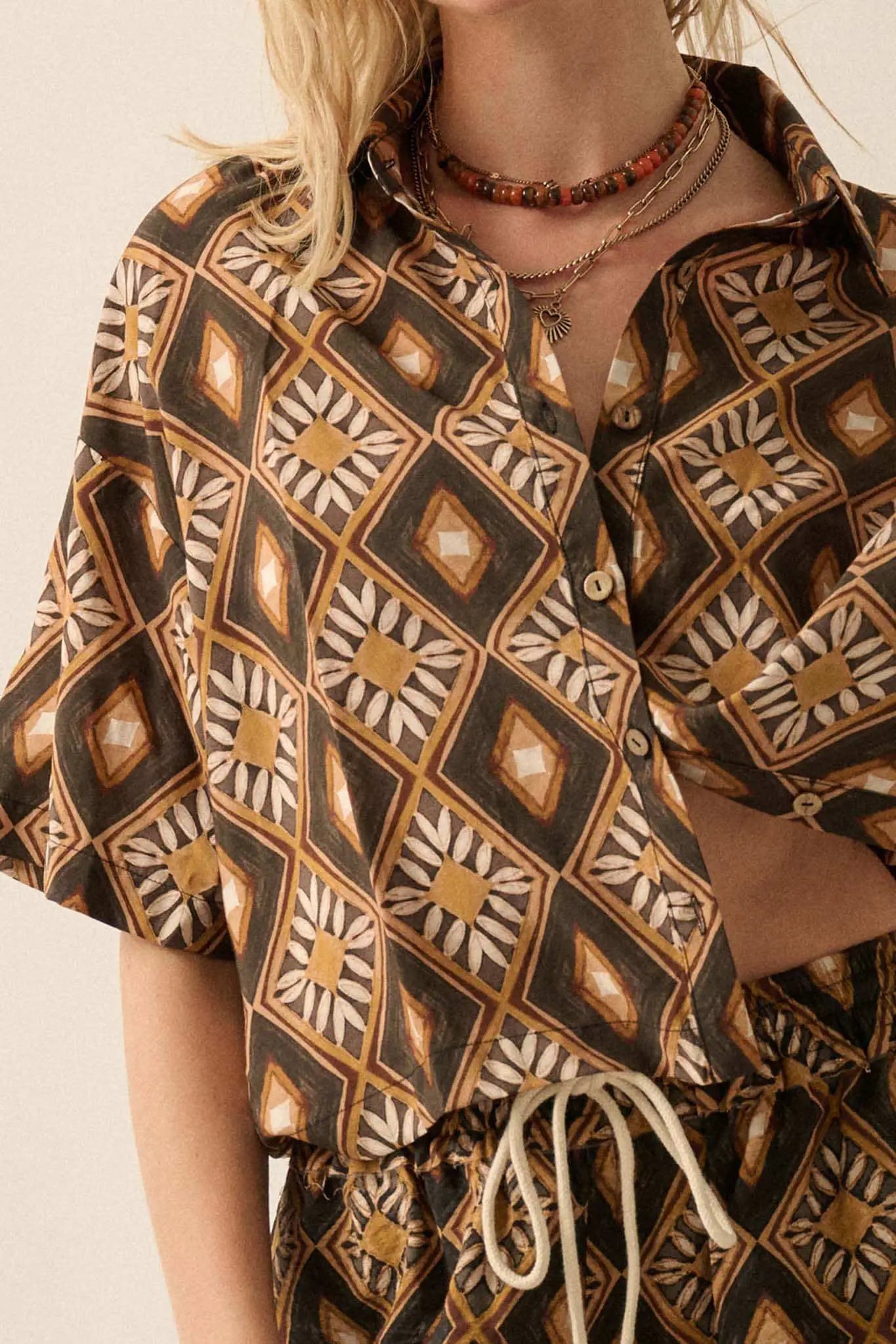 Mahogany Blooms Geometric Floral Camp Shirt