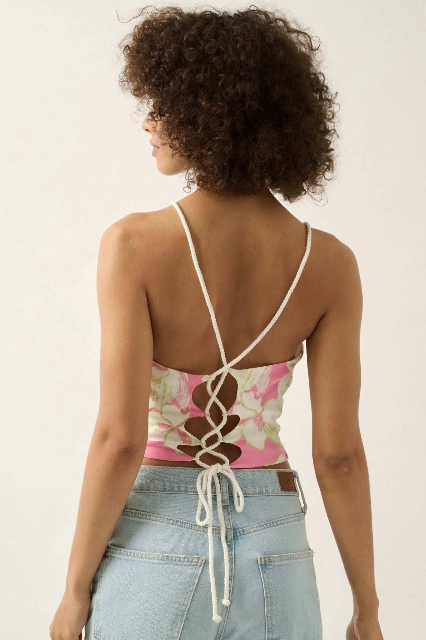 Honolulu Hideaway Floral Lace-Up Back Halter Top