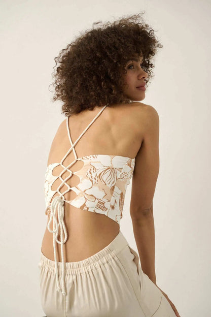 Honolulu Hideaway Floral Lace-Up Back Halter Top